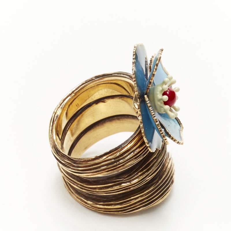 FENDI 8AG827 gold tone blue floral petal spiral statement ring US7 M