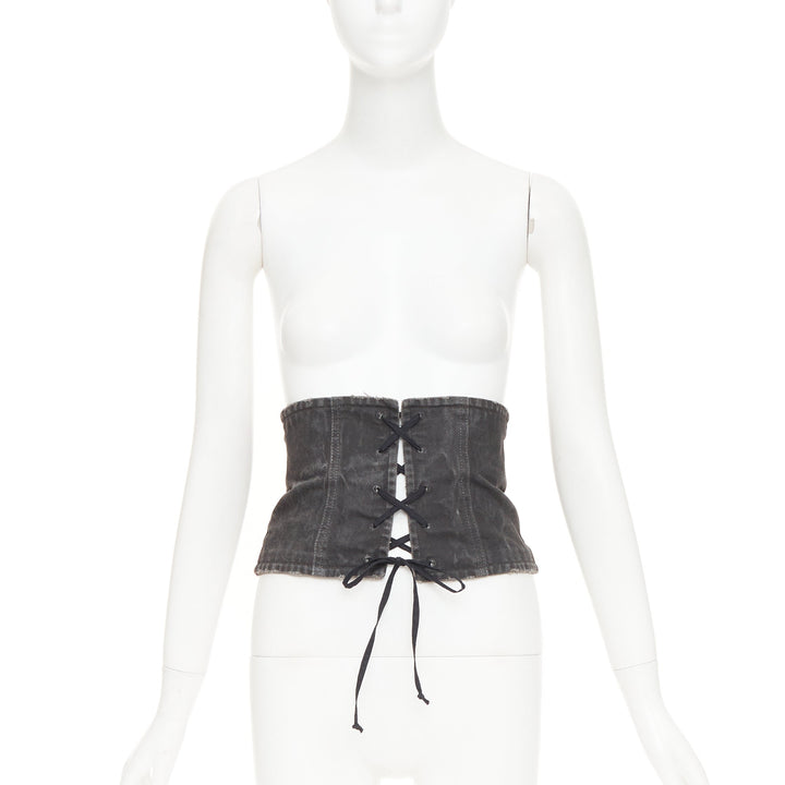 PRADA 2016 Runway grey washed denim zip back lace-up bustier belt IT36 XXS