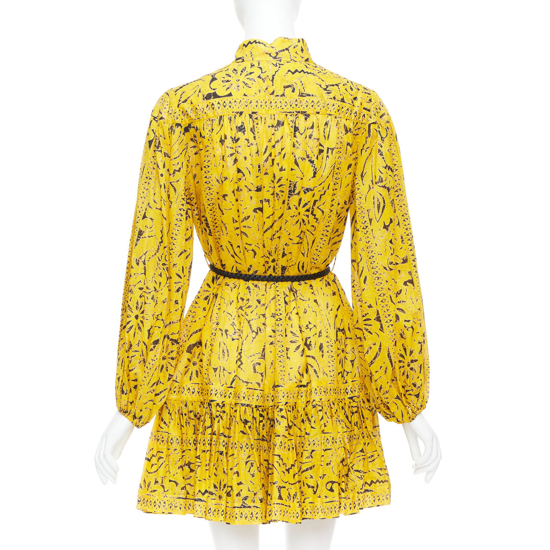 ZIMMERMANN Lulu yellow cotton ethnic print belted tiered mini dress US2 XXS