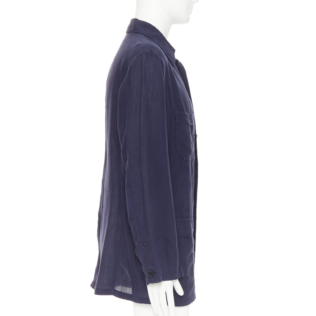 Y'S YOHJI YAMAMOTO navy linen 4-pocket safari long-line work shirt jacket JP3 L