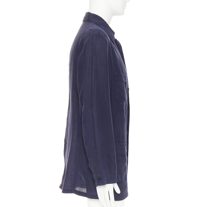 Y'S YOHJI YAMAMOTO navy linen 4-pocket safari long-line work shirt jacket JP3 L