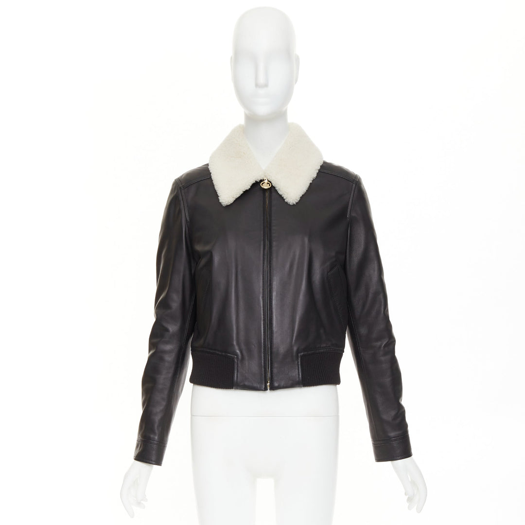 LANVIN 2021 black lambskin leather shearling collar crop aviator bomber FR38 M