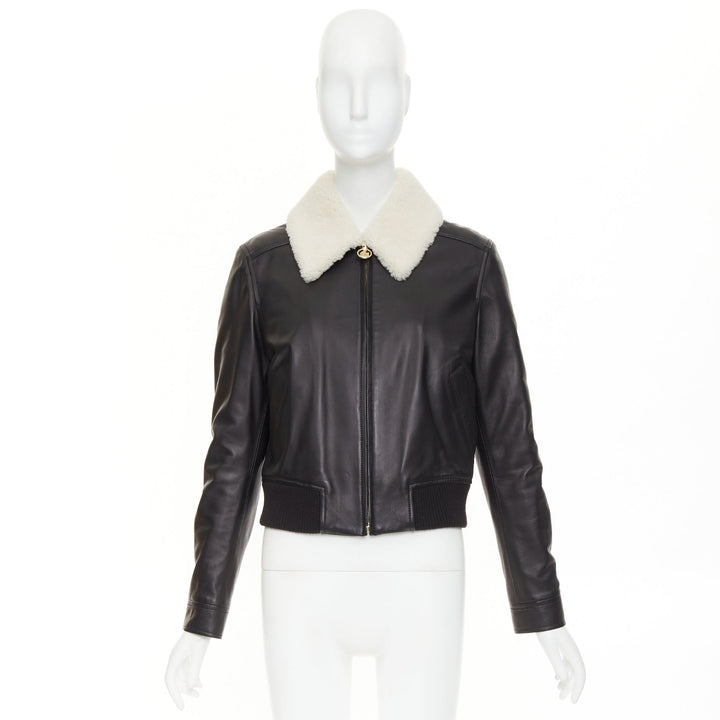 LANVIN 2021 black lambskin leather shearling collar crop aviator bomber FR38 M