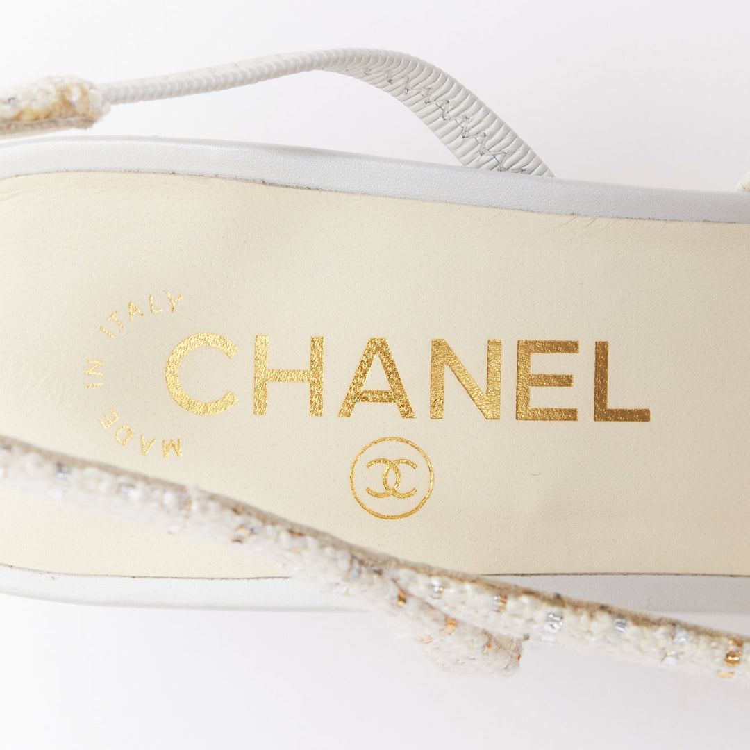 CHANEL white silver gold metallic tweed CC logo block slingback pumps EU39