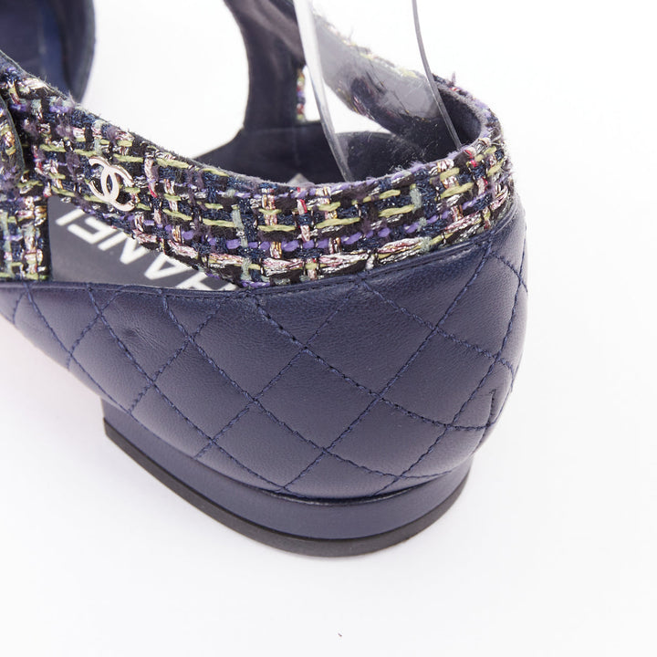 CHANEL navy quilted lambskin leather metallic tweed mary jane sandals EU39