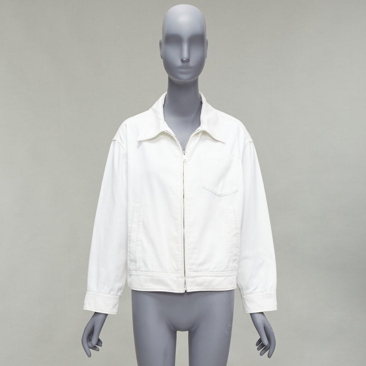 PRADA 2021 white denim 3D logo back pocketed cropped zip up jacket M
