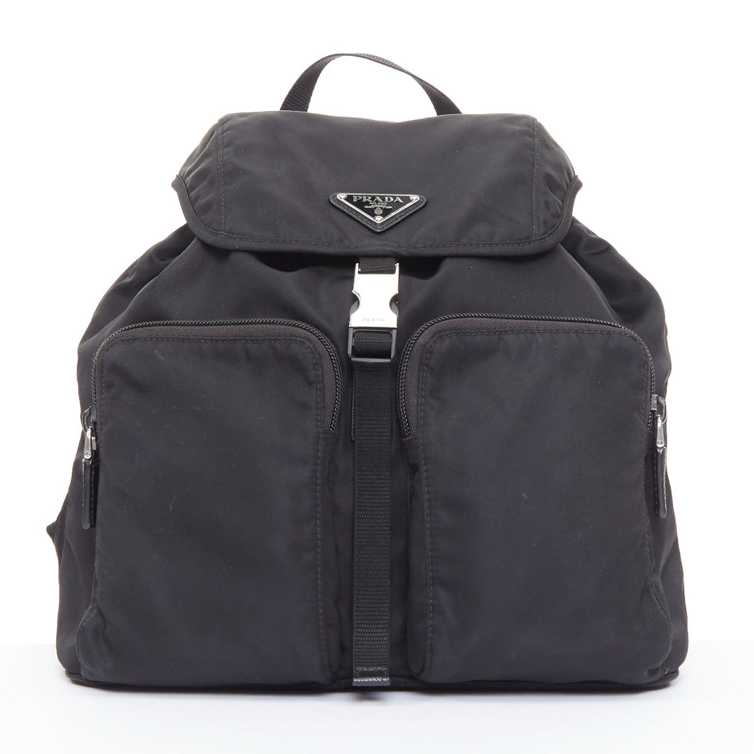 PRADA Re-Nylon Technical black silver logo triangle buckle small backp – JHROP