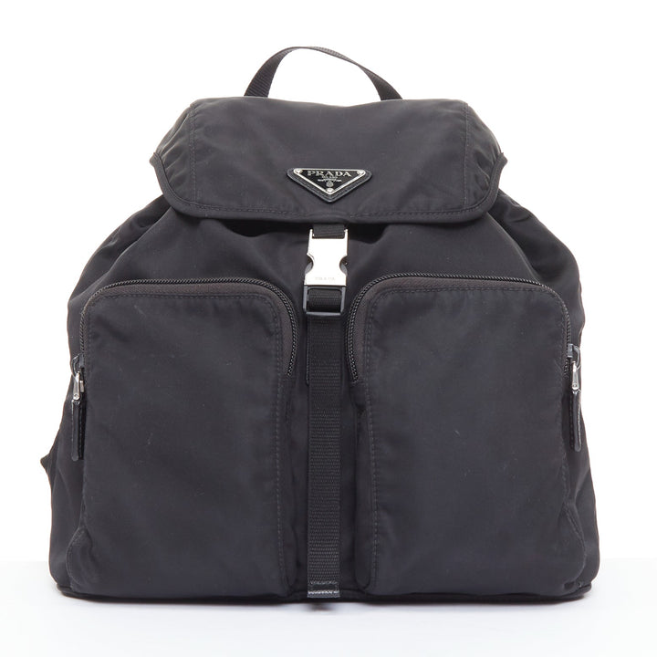 PRADA Re-Nylon Technical black silver logo triangle buckle small backpack bag
