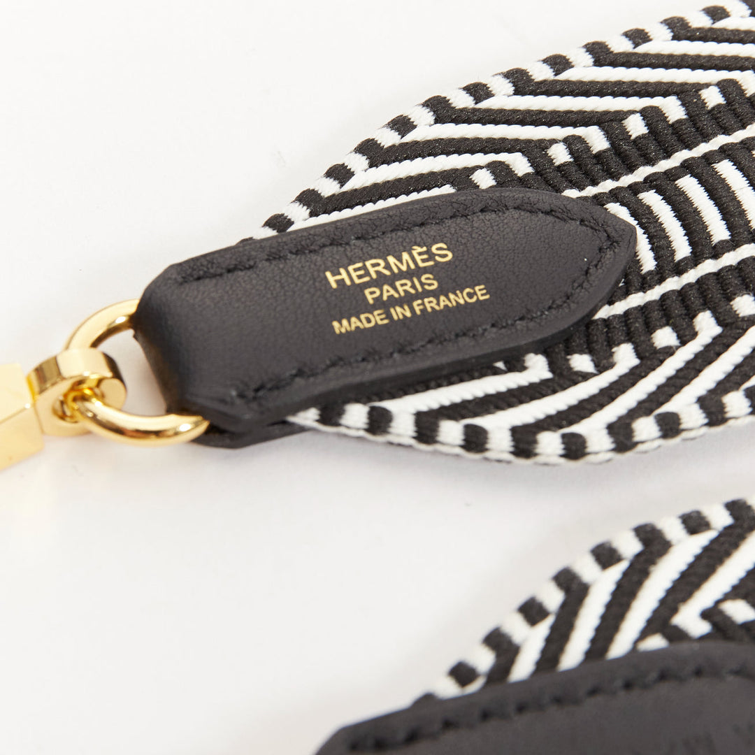 HERMES Sangle 50 black white diagonal stripes woven fabric gold hardware strap