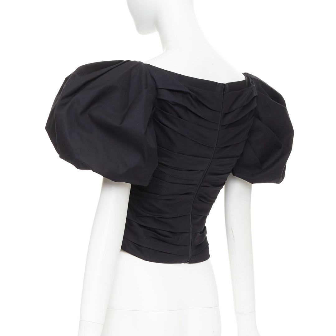 KHAITE Kai black cotton poplin puff sleeve pleated front bateau crop top US0 XS