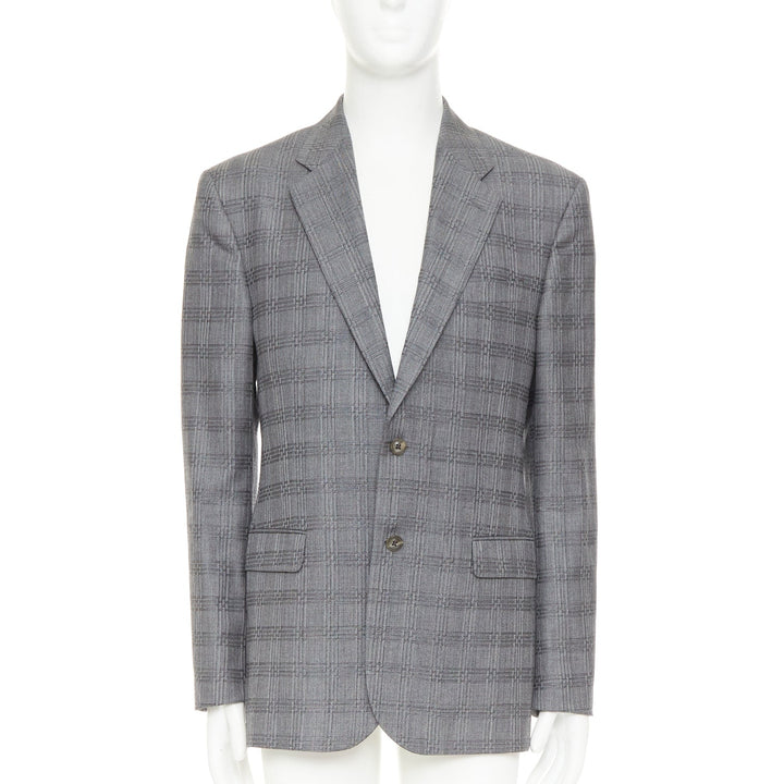 VERSACE grey wool silk blend plaid checked 2 button notched lapel blazer EU50 L