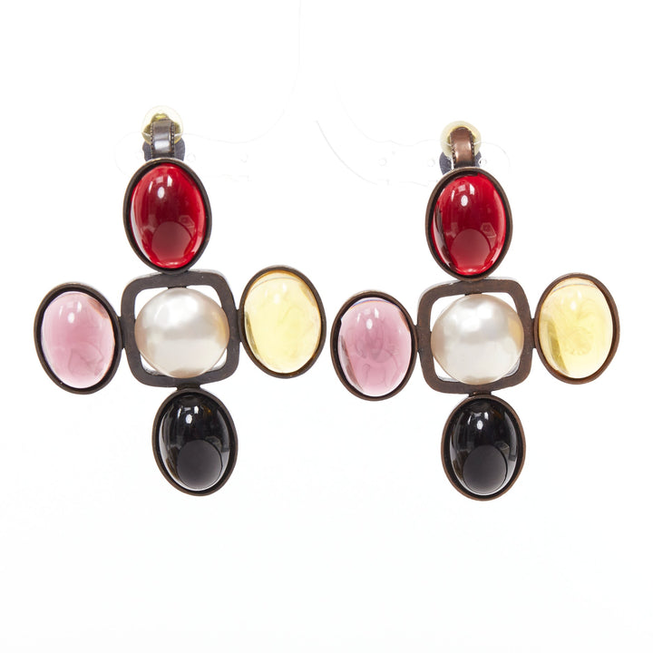 rare SAINT LAURENT Runway Resin Cabochon Cross aged bronze clip earrings Pair