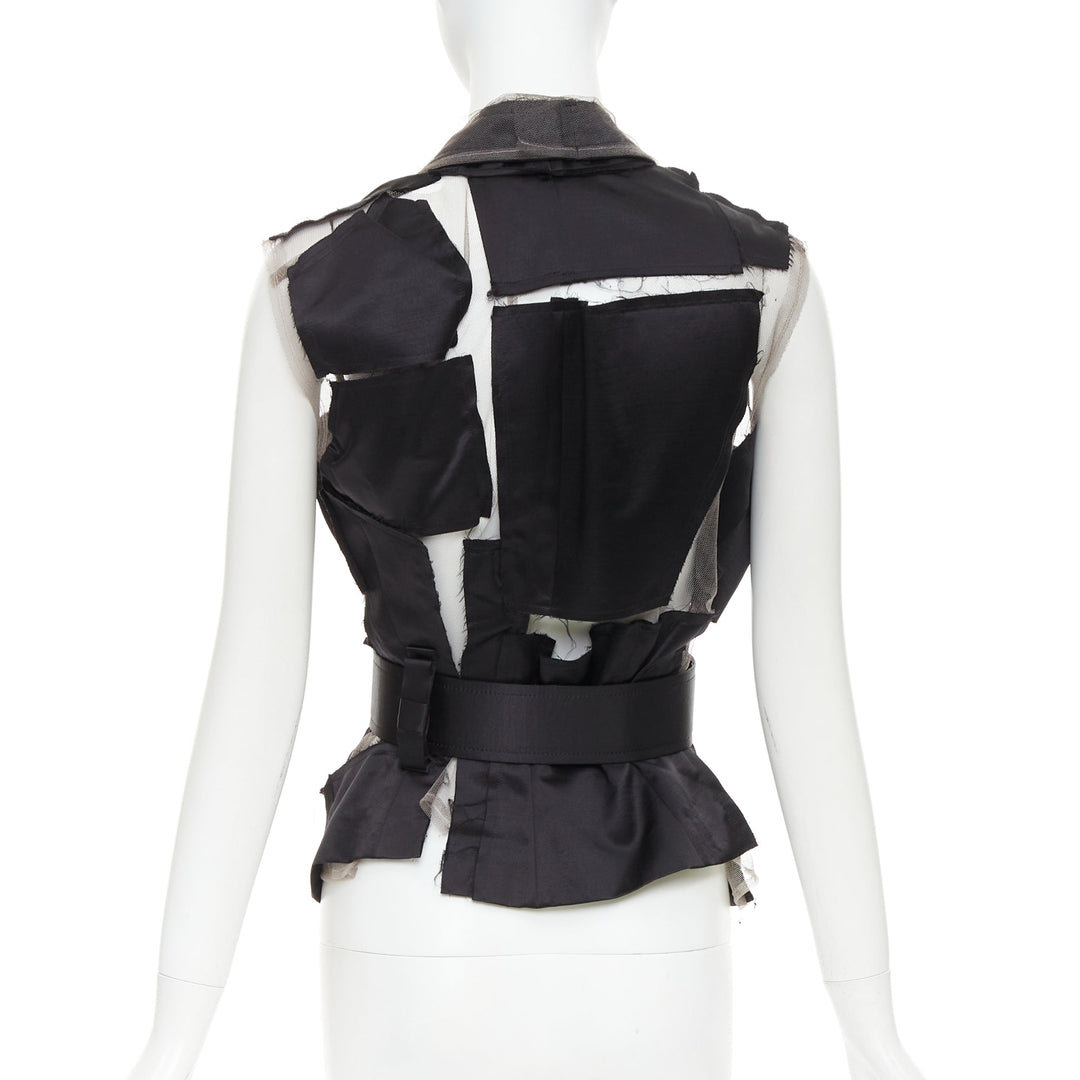 COMME DES GARCONS 2007 Runway black satin sheer patchwork tulle belted vest S