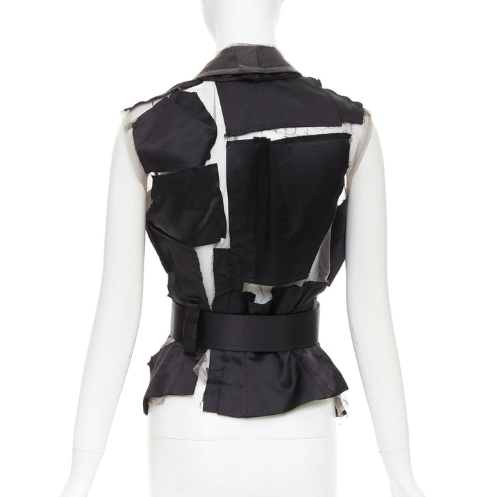COMME DES GARCONS 2007 Runway black satin sheer patchwork tulle belted vest S