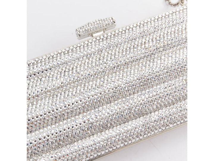 JUDITH LEIBER silver crystal encrusted metal clasp chained minaudiere clutch bag