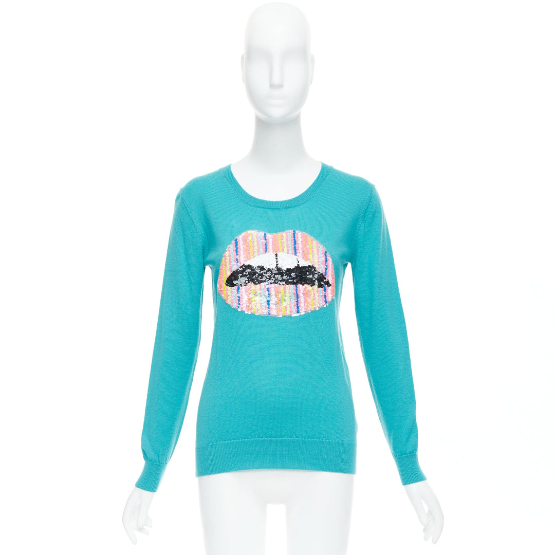 MARKUS LUPFER teal merino wool multicolor sequin lip sweater S