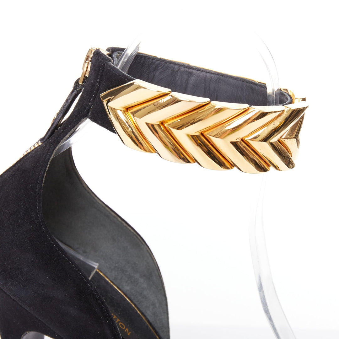 LOUIS VUITTON V Symphony black suede gold hardware high heel sandals EU38