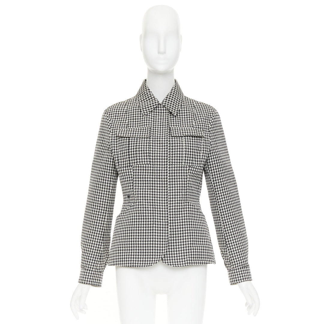 DIOR 2019 black white houndstooth CD bee utility cinched waist bar jacket FR38 M