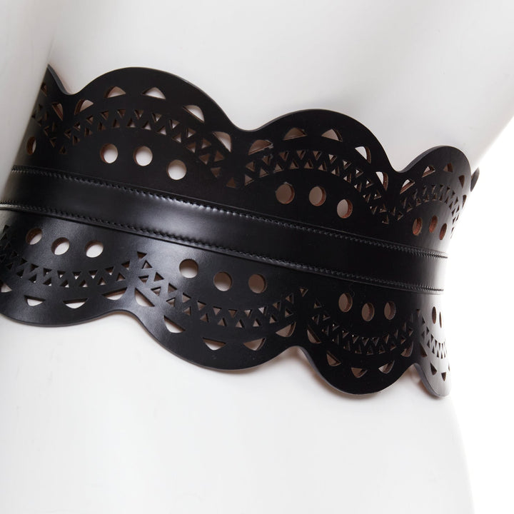 ALAIA black leather laser cut out scalloped wide statement corset belt 65cm