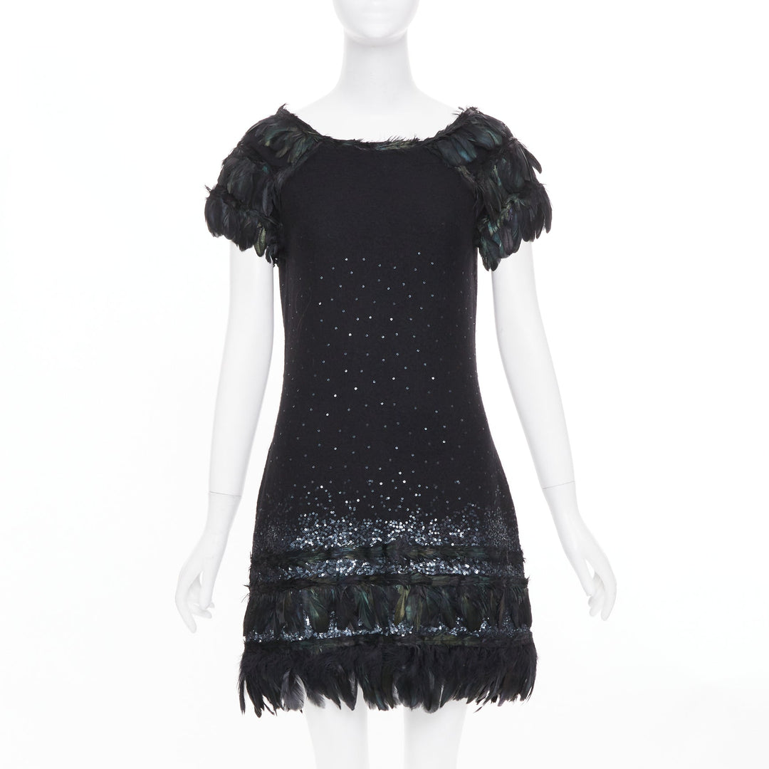 DIANE VON FURSTENBERG black wool iridescent sequin feather hem mini dress S