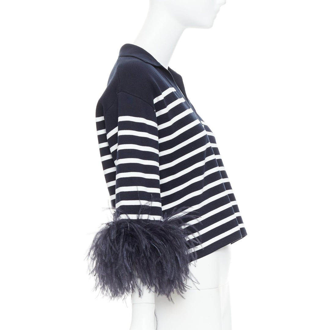 VALENTINO 2024 VGold navy white striped ostrich feather trim sleeve polo top XS