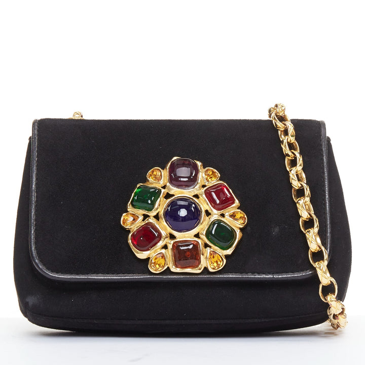 rare CHANEL 1990s Vintage black suede red Gripoix black gold chain crossbody bag