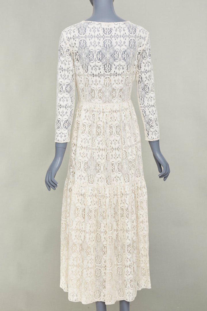 CELINE 2021 Bridal Triomphe button V neck embroidered lace maxi dress FR34 XS