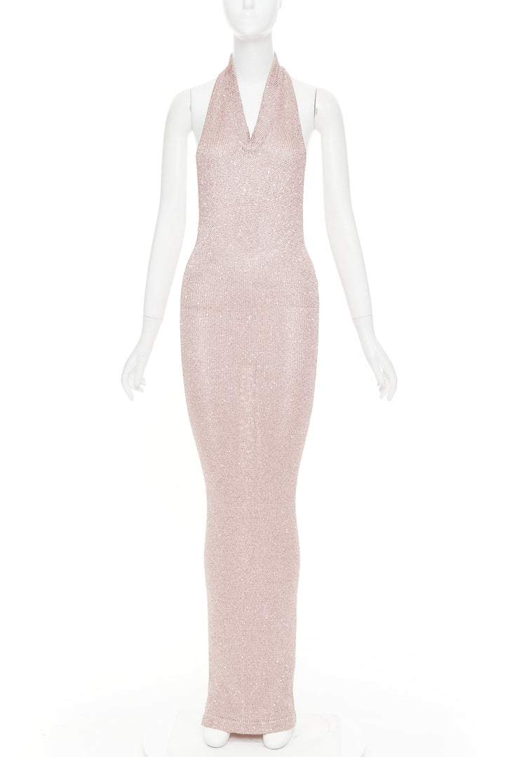 ALEXANDRE VAUTHIER metallic pink sequinned knitted halter backless gown dress