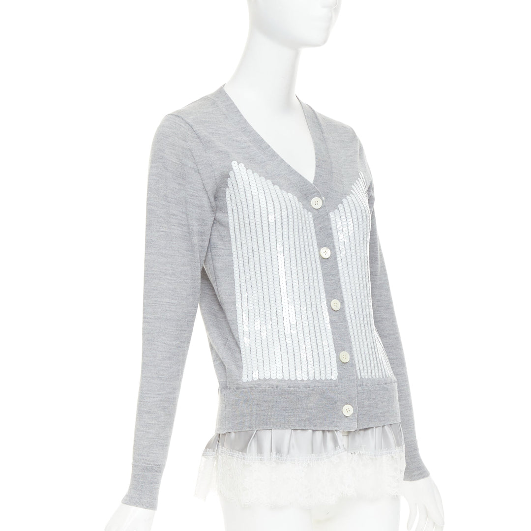 SACAI 2012 grey wool white sequin lace ruffle scallop hem cardigan JP1 S