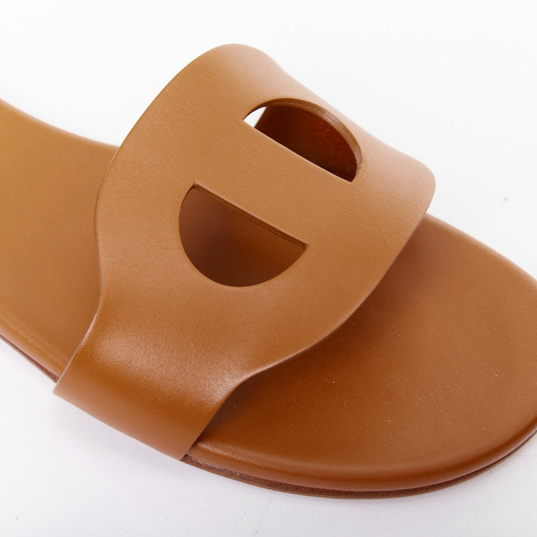 HERMES Lisboa Chaine d'Ancre brown leather cut out flat sandal slippers EU37.5