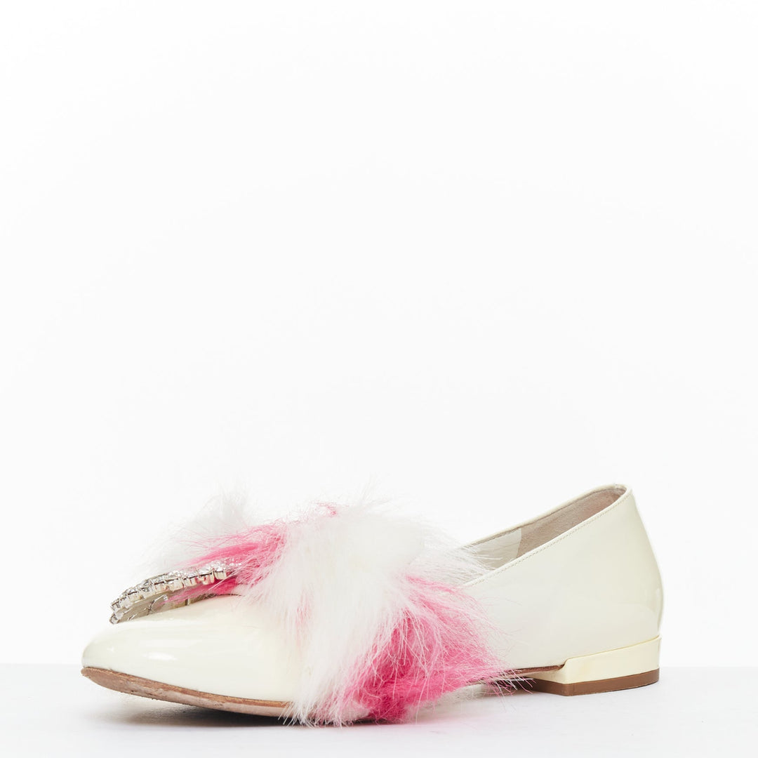 MIU MIU 2017 cream patent white pink faux fur buckle flats EU37.5