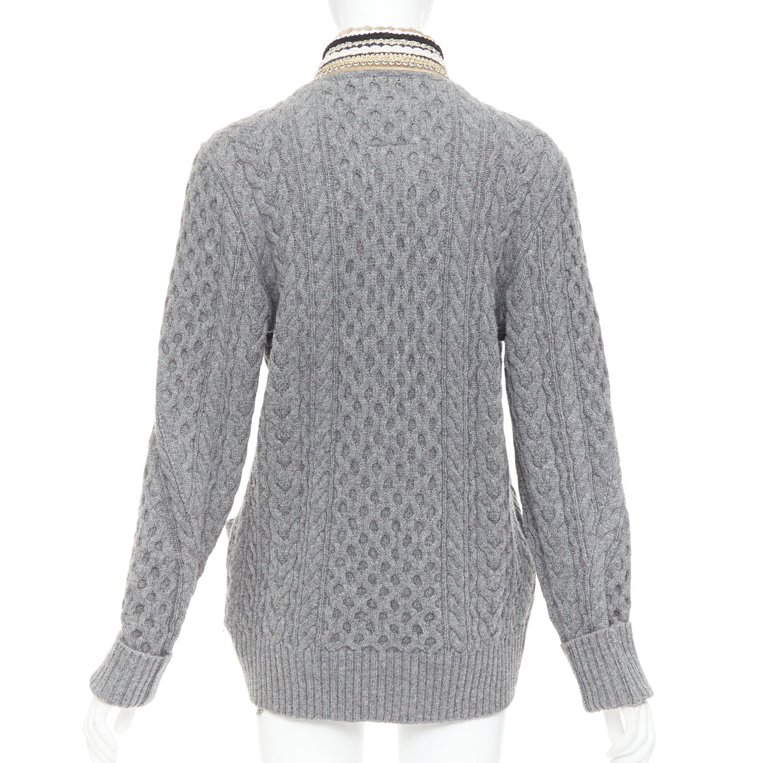 SACAI 2017 grey wool metallic military baroque trim cable knit cardigan JP1 S