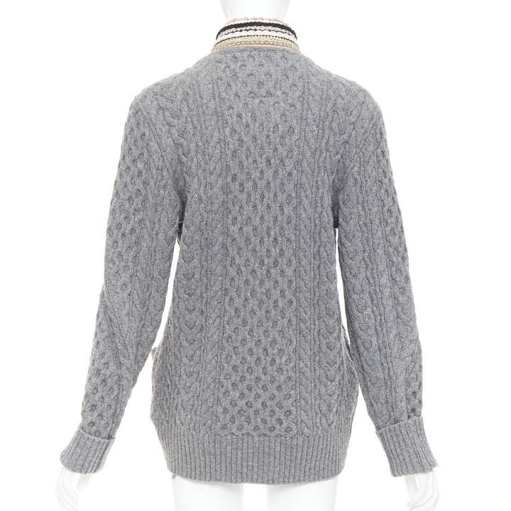 SACAI 2017 grey wool metallic military baroque trim cable knit cardigan JP1 S