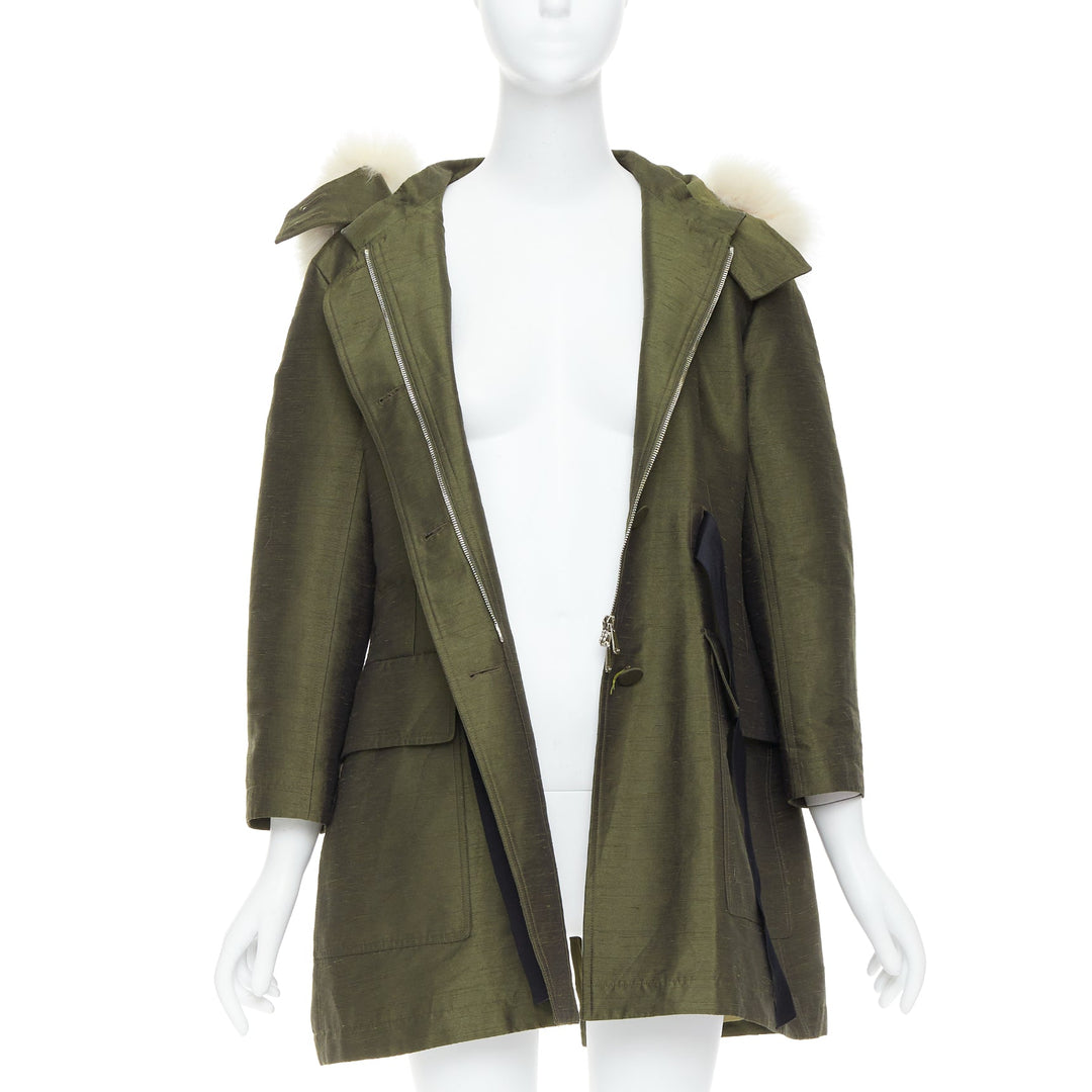 DIOR military green pocketed cream fur hood belted anorak coat FR34 XS