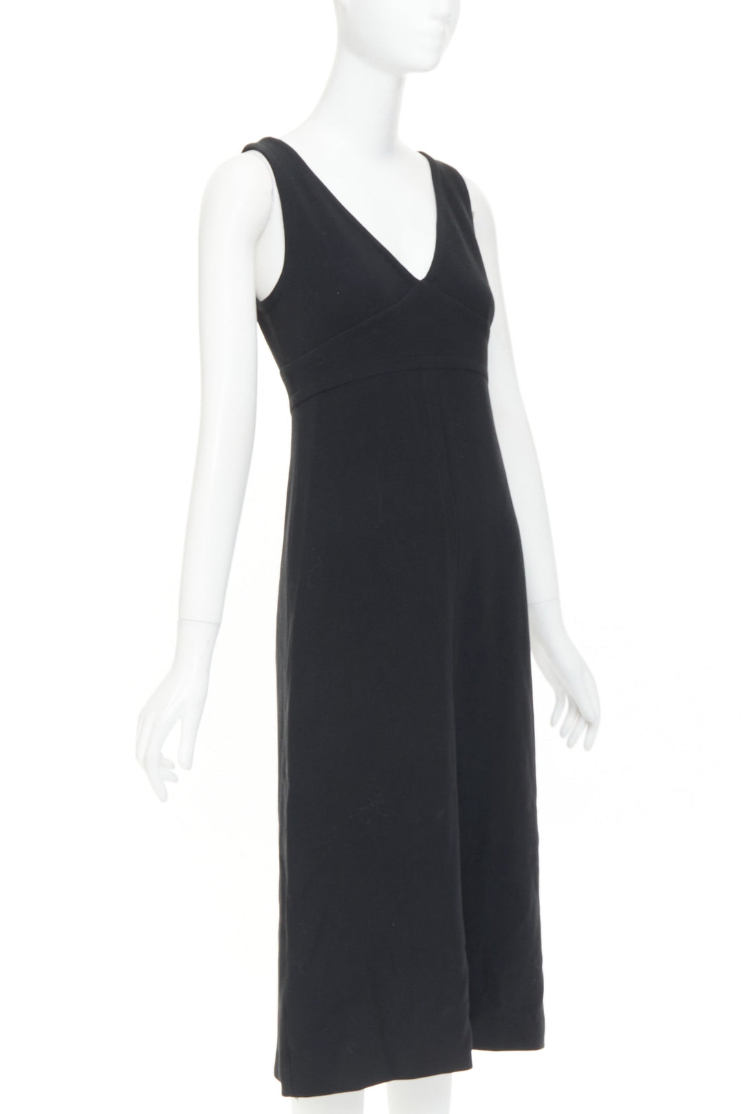 PRADA 1998 Vintage black wool rubber seamed V neck minimal sheath dress IT40 S