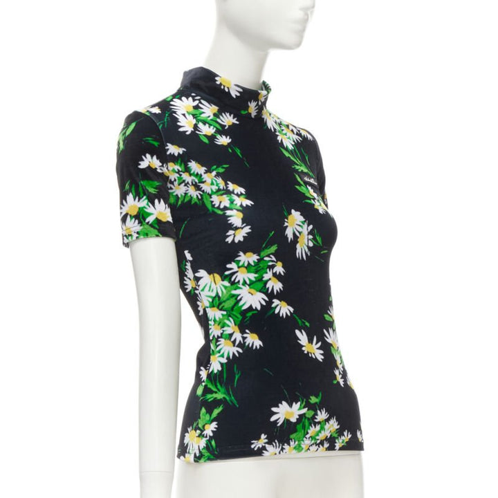 RICHARD QUINN black white green daisy floral print velvet short sleeve top S