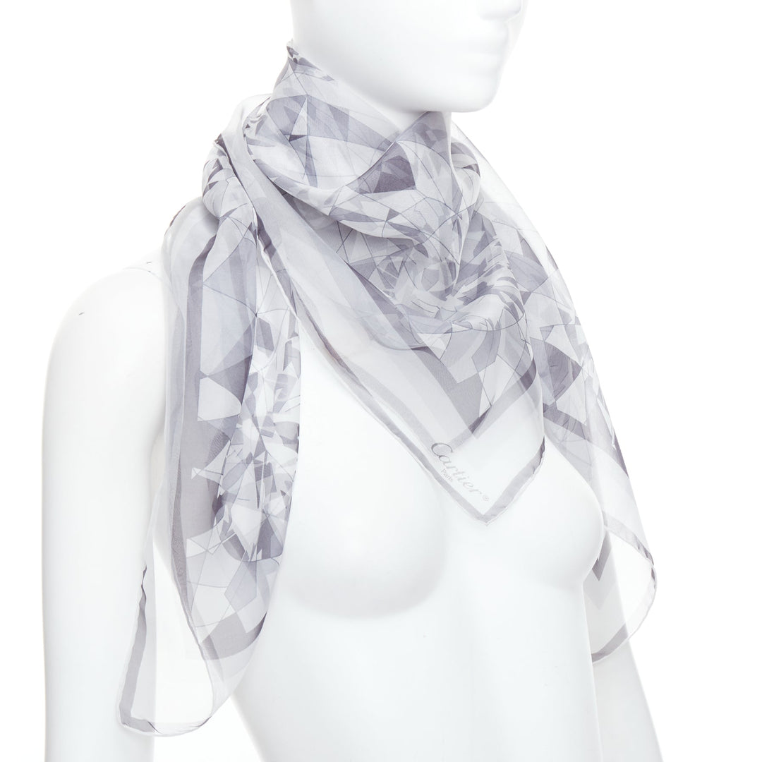 CARTIER 100% silk grey sheer diamond cuts print square scarf