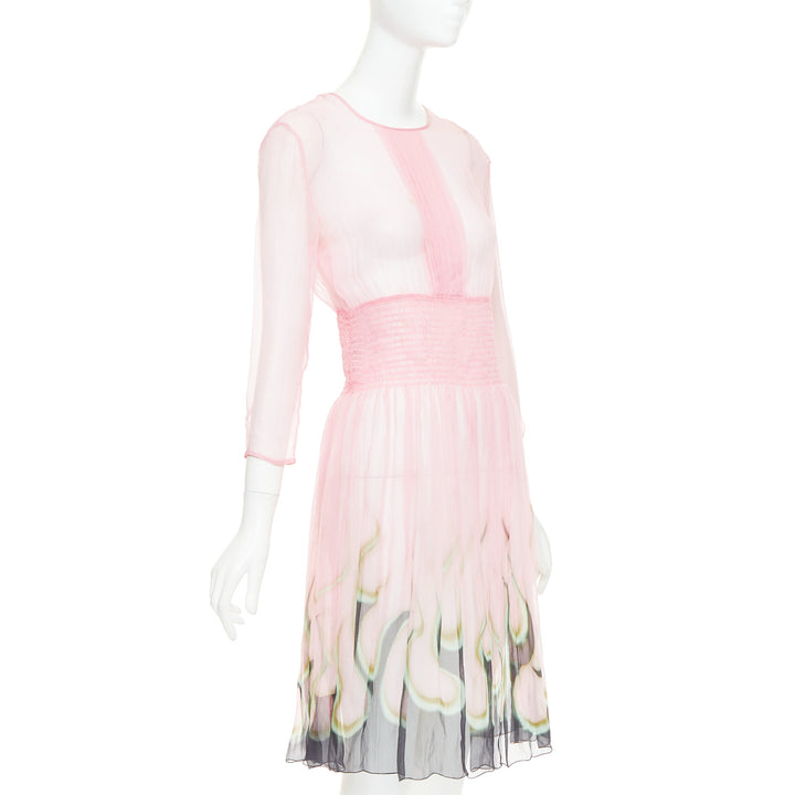 rare PRADA 2012 pink sheer silk chiffon green black flame knee dress IT42 M