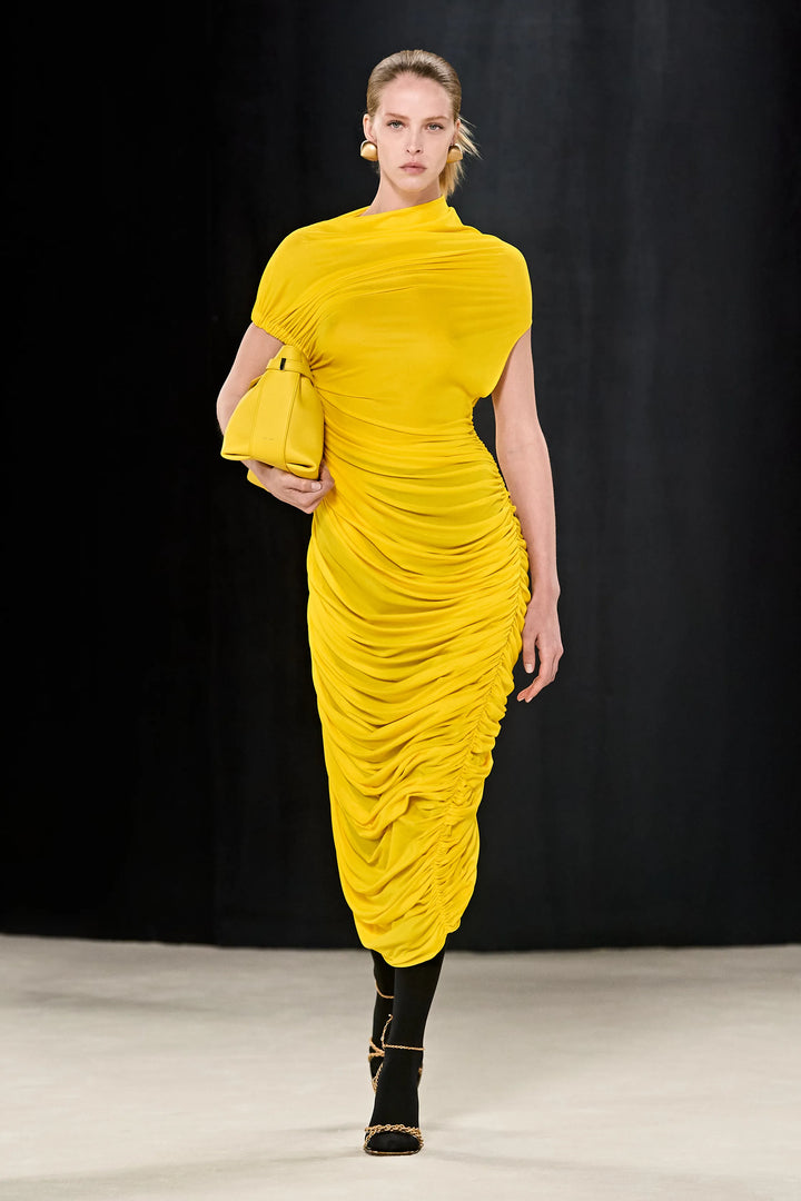 FERRAGAMO Maximilian Davis 2023 Runway yellow asymmetric ruched dress IT38 XS