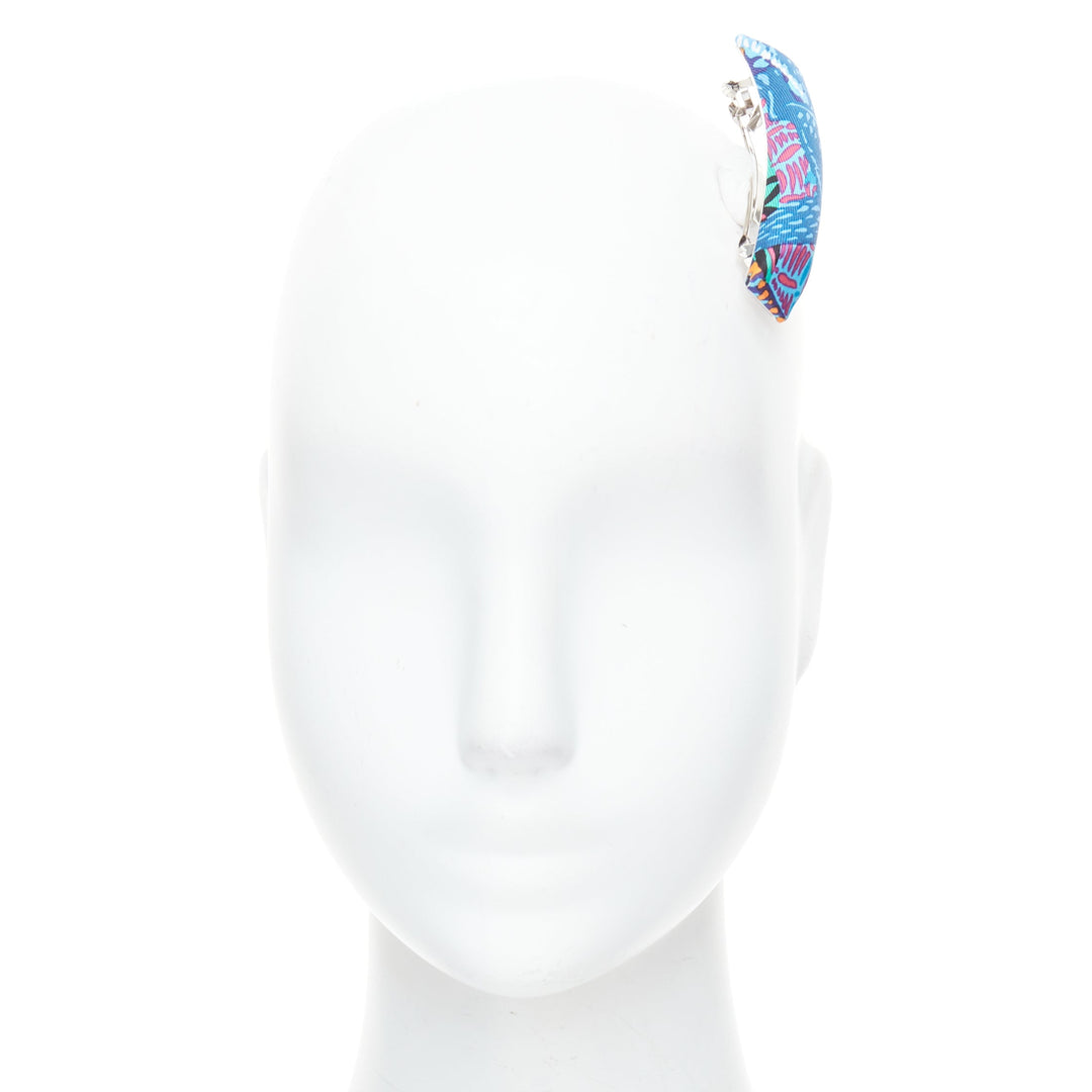 HERMES Eclipse PM Wild Singapore blue multicolor silk print hair barette clip