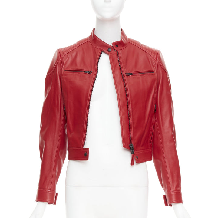 DIOR Royaume d'Amour red leather laser cut moto biker jacket FR34 XS