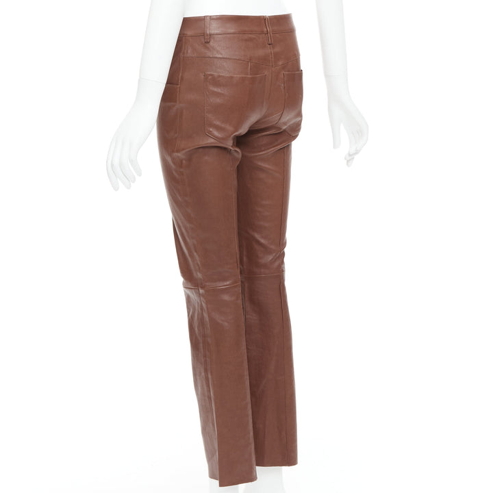 JITROIS brown genuine lambskin leather mid waist flare pants FR36 S