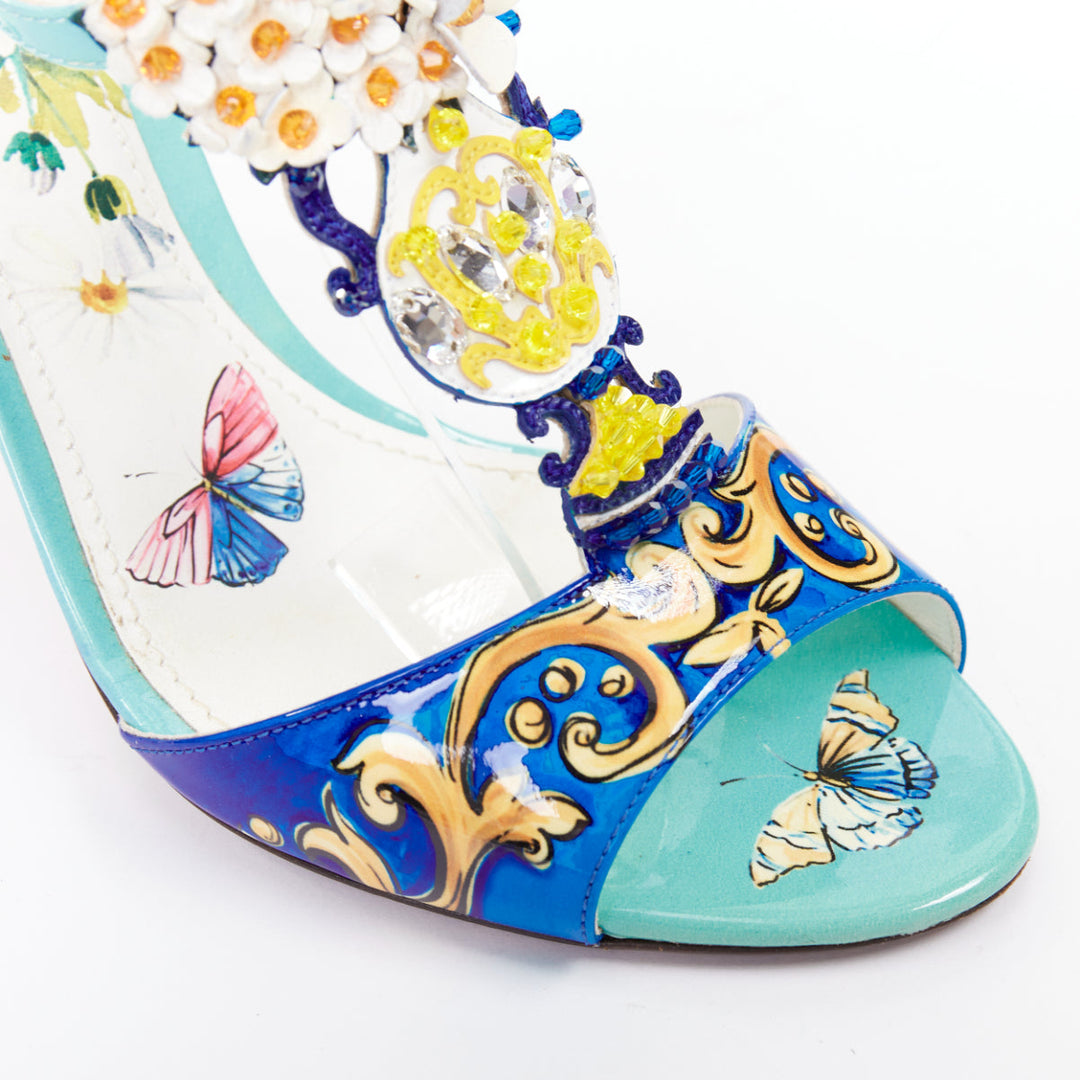 DOLCE GABBANA Majolica print floral embellished  T-strap high heel sandals EU39