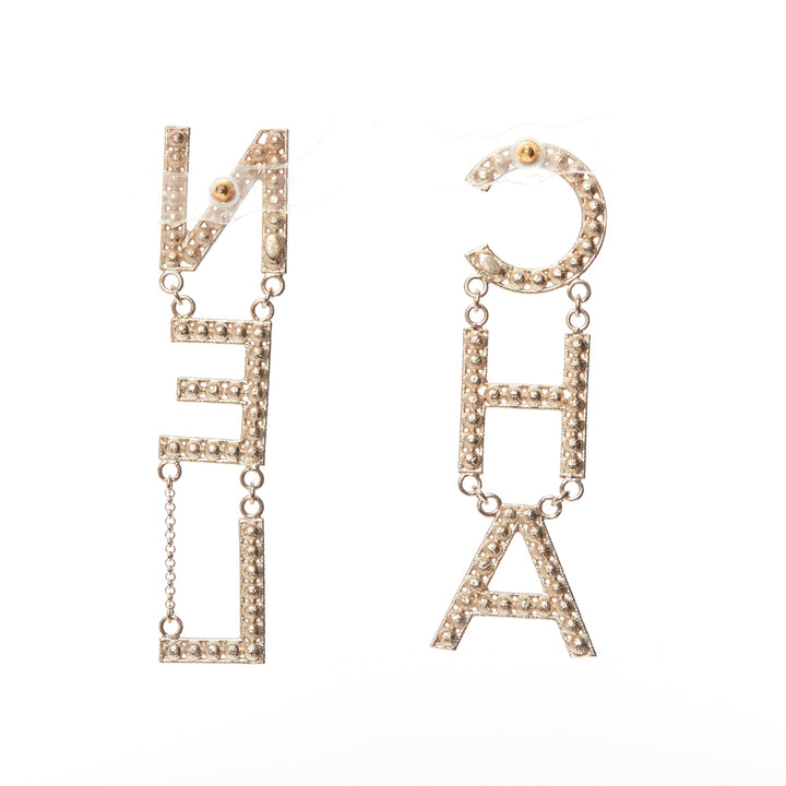 CHANEL B19S crystal CHA-NEL diamantes mismatch letter drop dangling pin earrings