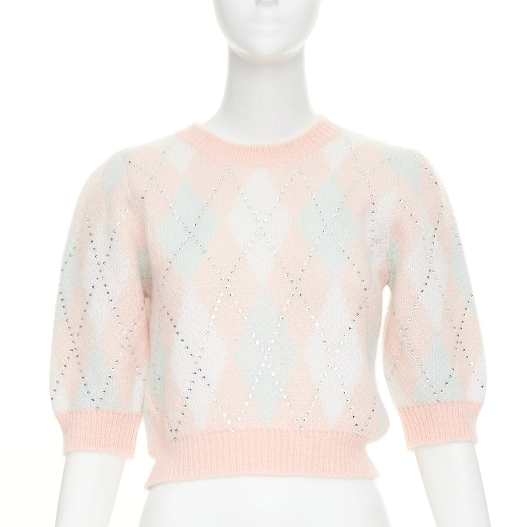 ALESSANDRA RICH Crystal pink argyle checked mohair blend top IT38 XS
