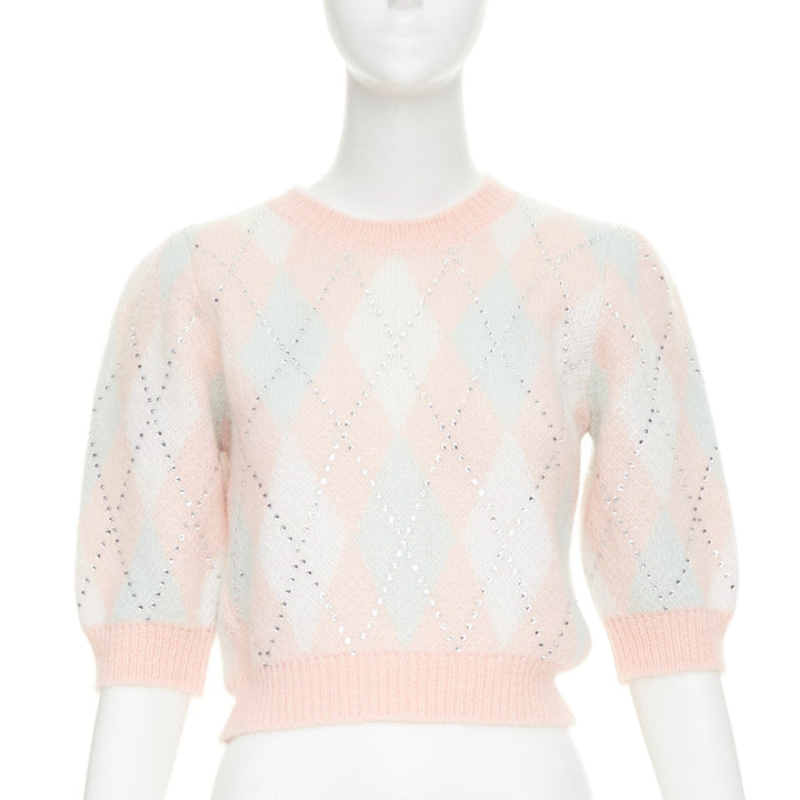 ALESSANDRA RICH Crystal pink argyle checked mohair blend top IT38 XS