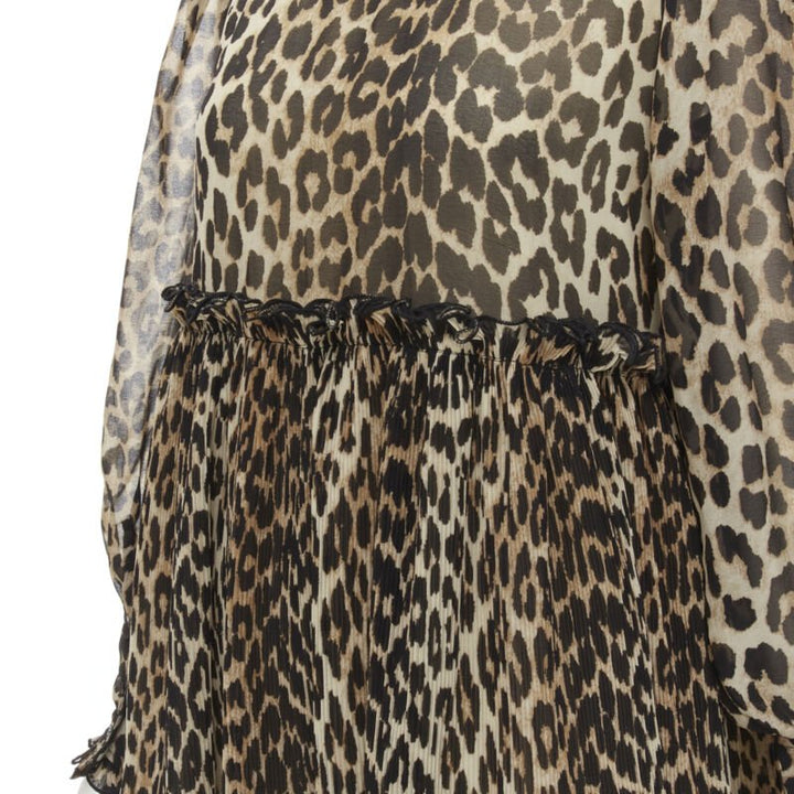 GANNI brown leopard spot print pleated flared babydoll dress FR36 S