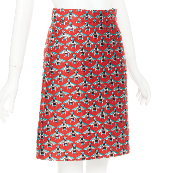 GUCCi 2015 Hibiscus Red Bee jacquard high waist A-line skirt IT40 S