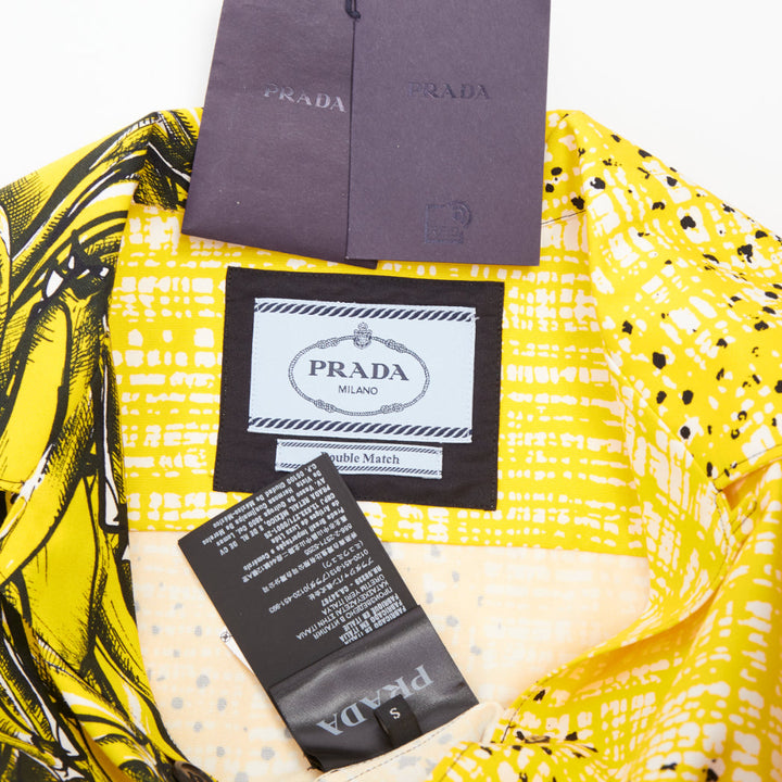 PRADA 2021 Runway Double Match Bananas Tweed yellow cotton bowling shirt S