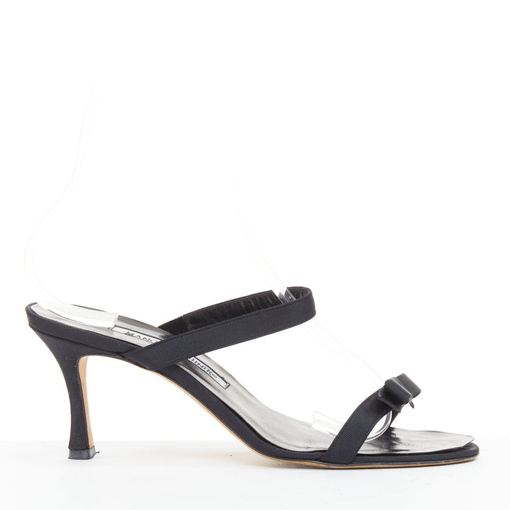 MANOLO BLAHNIK black grosgrain ribbon straps leather spool slipper heels EU37